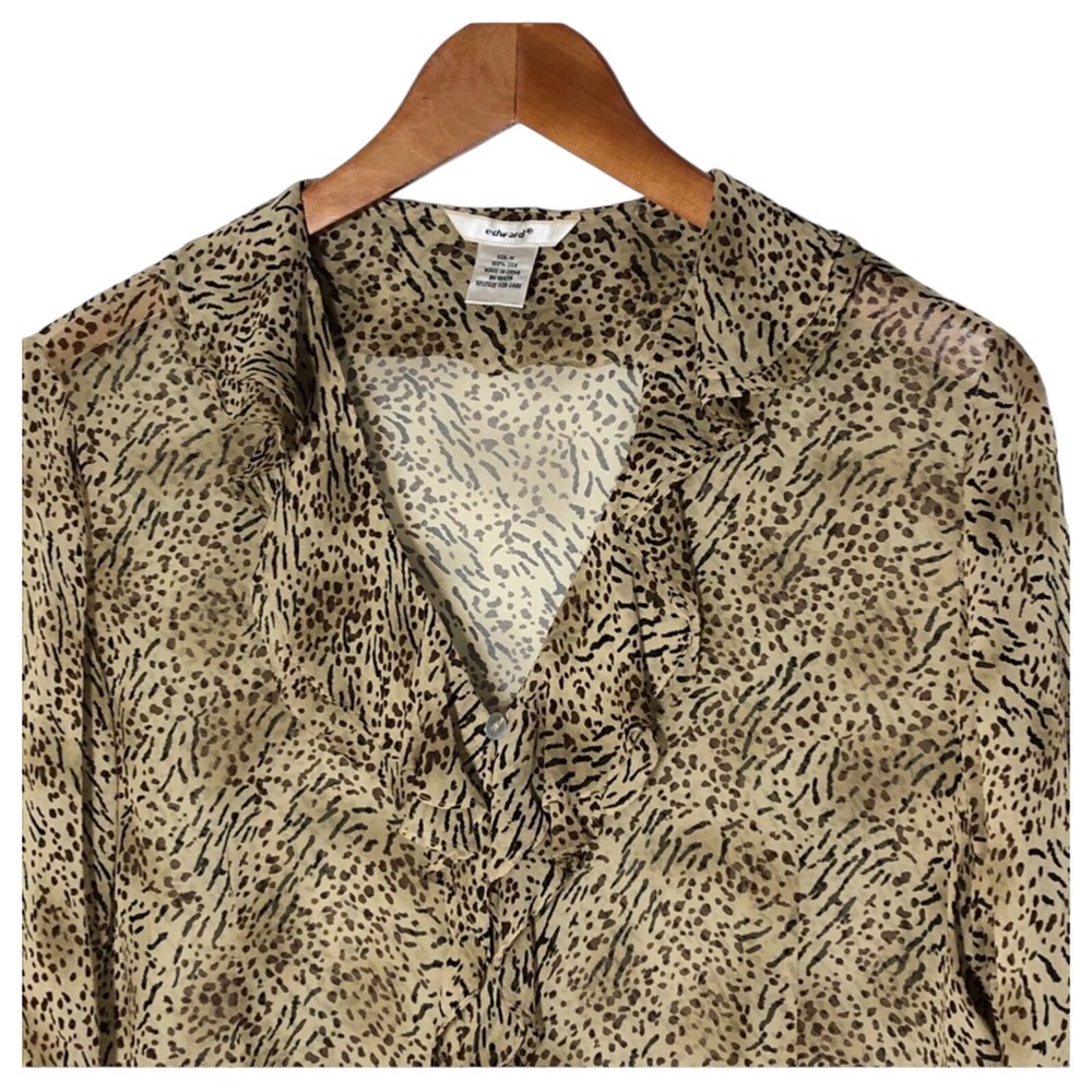 Edward Sheer Silk Animal Print Shirt w Ruffle Front and Mother of Pearl Buttons - Picture 4 of 4
